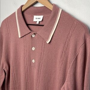 Elk Head Men's Large Cashmere Blend Cable Knit Polo Mauve All Season Flaw